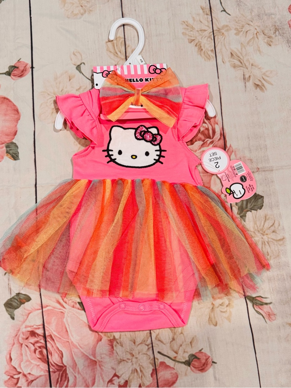 Hello Kitty Neon Pink Rainbow Tulle Dress Bodysuit with Bow